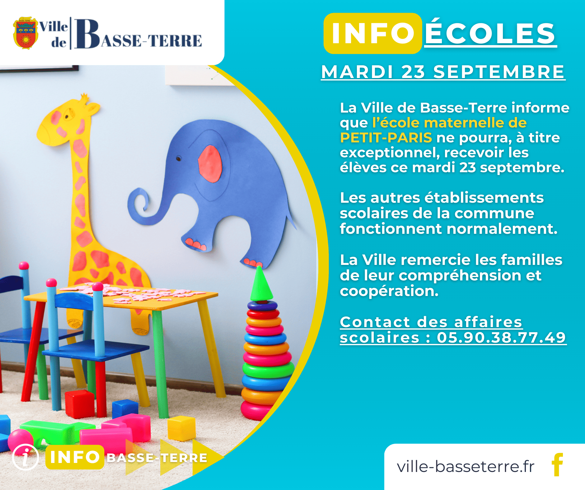 Mardi 23 septembre - Fermeture excecptionnelle école maternelle PETIT-PARIS